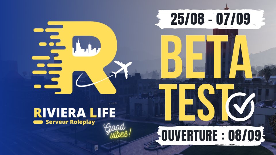 Riviera_Life's tweet photo. On vous prépare une Beta qui se déroulera du 25/08 au 07/09 et vous permettra de commencer à vous immerger dans la peau de votre futur personnage. 👥

🚀 L’ouverture de notre serveur #GTA5 #Roleplay aura lieu le 08/09 !

#GTARP #RP #GTAV https://t.co/0Tq2AhcI1E