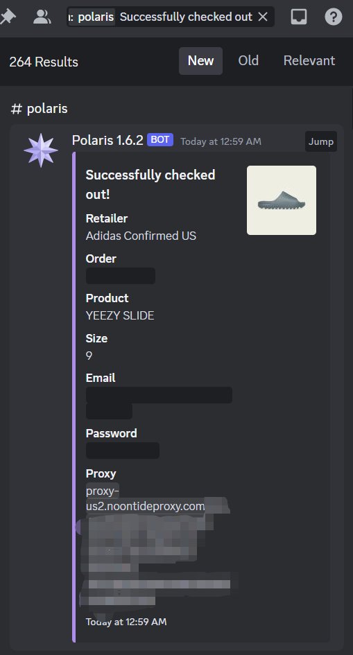 best confirmed proxy? proxy:@NoontideProxies bot:@polarisaio CG:@Goodfellas_Club @SofloSupply @Nootify @astroalertscg @Sneakergraaiers @CopfirstNotify @JIGIONotify @hypelabeu @GoldenSocietyEU @polarchefs @hiddensociety @AMNotify