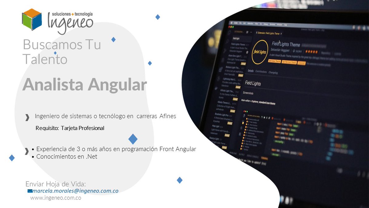 IngeneoSAS's tweet photo. Estamos en búsqueda de un Analista Angular.
 Enviar hoja de vida a: marcela.morales@ingeneo.com.co
 #ingeneo #trabajosihay #empleo #ofertalaboral #vacantes #software #desarrollador #Front #angular #.Net https://t.co/1F2iQduRPp