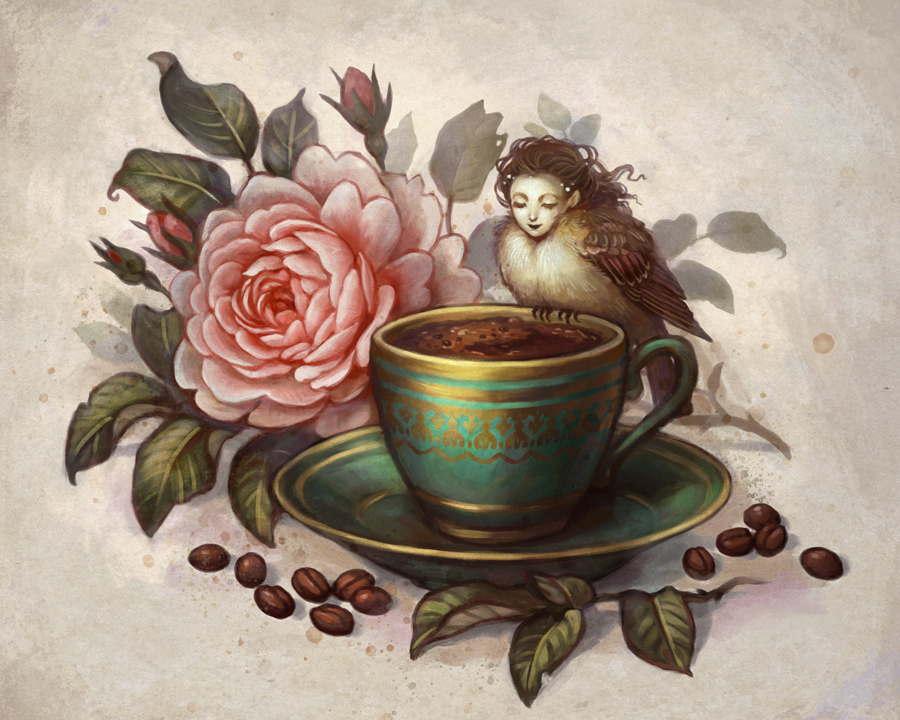 flower bird cup leaf closed eyes teacup rose  illustration images