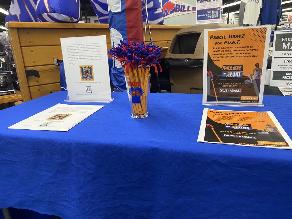 Pencil_Headz's tweet photo. A huge shout out to @dacwbuffalo for supporting #pencilheadz4punt &amp; @puntpediatriccancer🎗️#billsmafia🏈 you can now buy @dawsonknox 88’s favorite pencil at 8075 Sheridan Dr in Williamsville. Perfect timing with #backtoschool &amp; the @buffalobills season around the corner! https://t.co/r7xREnKfdi