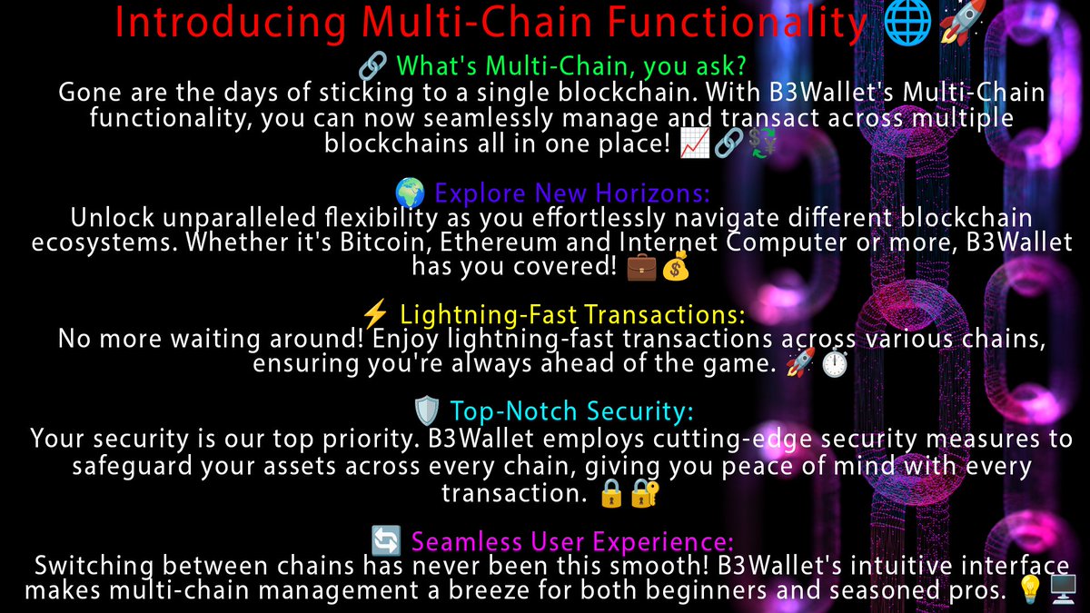 B3Wallet's tweet photo. Hey #CryptoCommunity! 🚀 Have you heard about the latest game-changer from @B3wallet? 🎉 Say hello to B3Wallet's Multi-Chain feature! 🌐💼
Ready to experience the future of multi-chain wallets? Join us at @B3wallet💼
#B3Wallet #CryptoRevolution #MultiChain #Blockchain #CryptoNews https://t.co/xmAAwsstvz