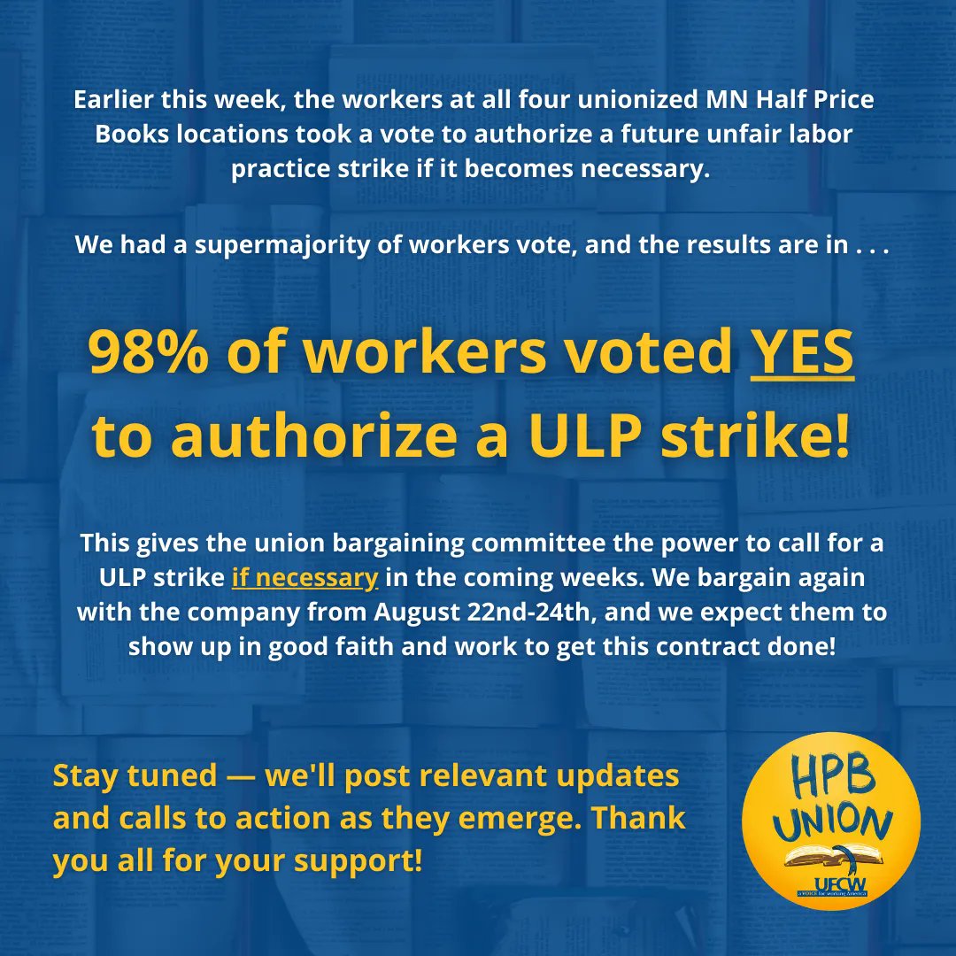 STRIKE VOTE RESULTS: 98% of workers at the union HPB locations in MN have voted YES to authorize a ULP strike if necessary! ✊ 

We are back at the bargaining table again from 8/22-24, so stay tuned for updates and calls to action. 

#UFCW #1u #HPBUnion #Strike #StrikeVote