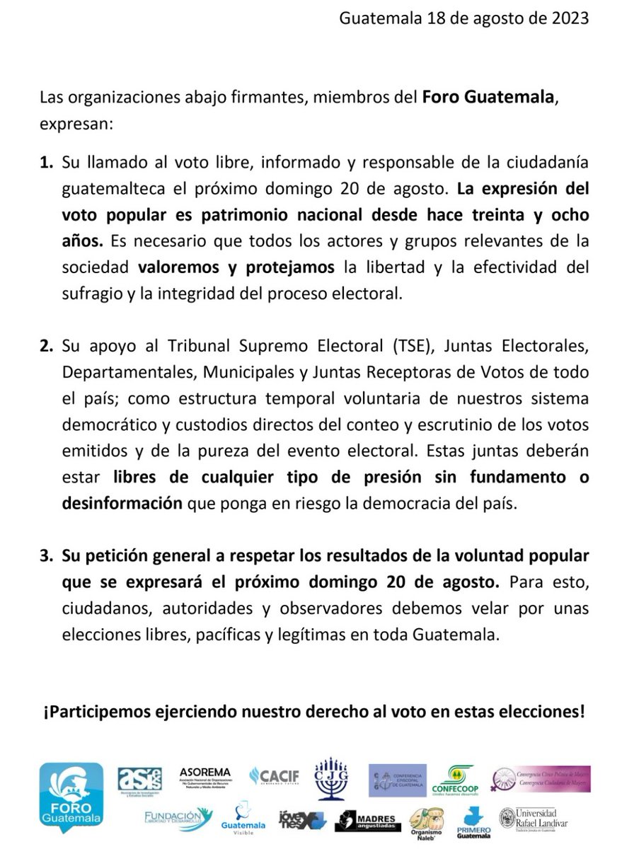 foro_gt's tweet photo. Las organizaciones del #ForoGT hacen un llamado para que la segunda vuelta este 20 de agosto se respete la volutad popular, se apoye el trabajo de las instituciones electorales y se vele por unas elecciones pacíficas. https://t.co/iBrd2alvY4
