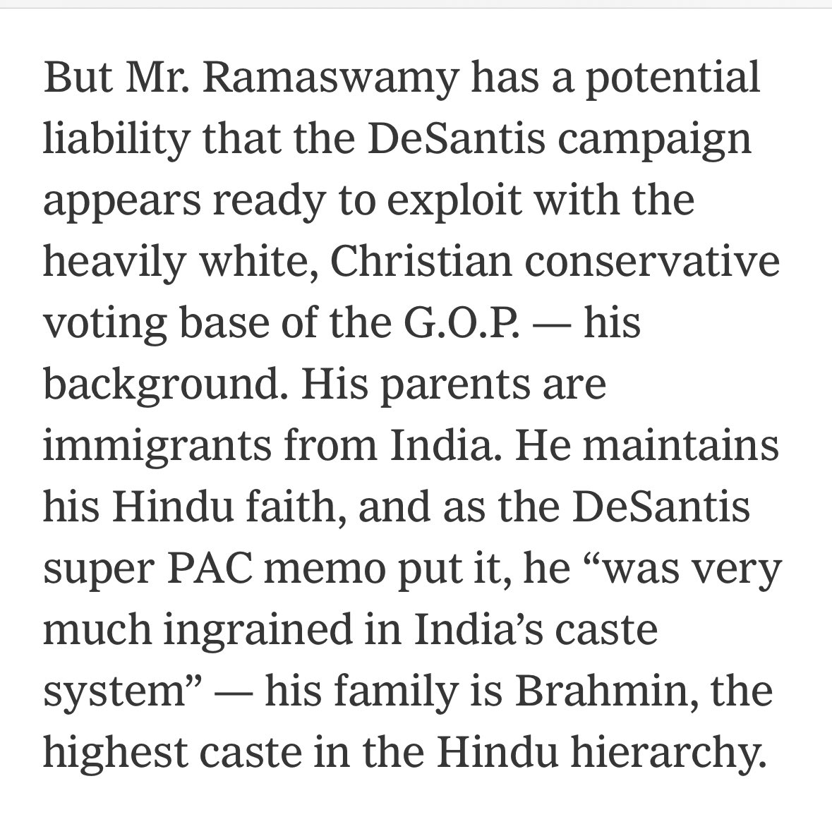 SuhagAShukla's tweet photo. Here’s @nytimes @jonathanweisman saying it out loud: @VivekGRamaswamy’s liability is that he “maintains his Hindu faith” and oh, there’s this “Hindu hierarchy”? 

We keep saying caste is a stereotype only used to target Hindus. No one else. Who would #SB403 target? #SayNoToSB403 https://t.co/TBnuwrhsxl