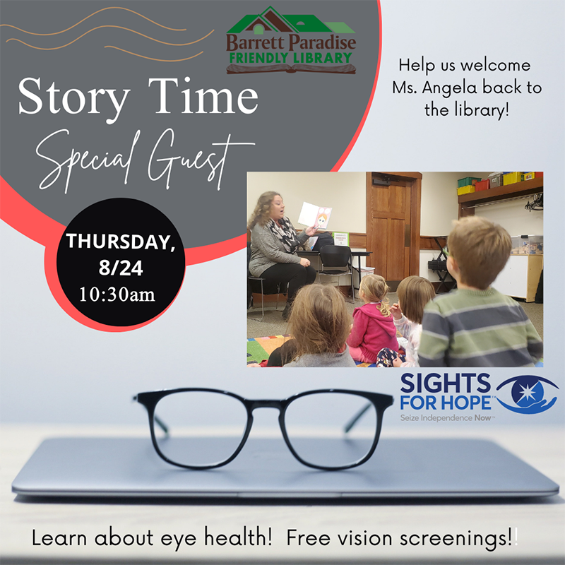 SightsforHope's tweet photo. Have your child’s eyes screened for free and treat them to Story Time at Barrett Paradise Friendly Library with our own Angela Hill on Thurs., Aug. 24, at 10:30 a.m. #SightsforHope #SeizeIndependenceNow #transformlives #children #storytime https://t.co/8pgl8Ejc6i