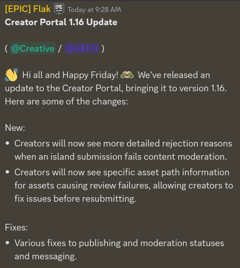 ImmatureGamer's tweet photo. 🚨 CREATORS 🚨

🆕 Creators will receive detailed rejection reasons for island submissions, including specific asset path info to identify &amp; fix issues before resubmission. 

✅ Various fixes to publishing &amp; moderation statuses &amp; messaging have also been added. 
#UEFN #Fortnite https://t.co/ieIQMjsW4O