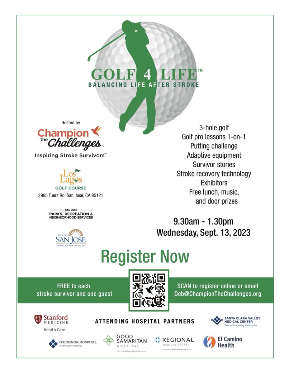 SCVMC Rehabilitation (@scvmc_rehab) on Twitter photo Stroke survivors, come golf with us and <a href="/champchallenges/">Champion the Challenges</a> at Los Lagos Golf Course! All are welcome to attend this free Golf Clinic and Stroke Survivor event held on 9/13/23 from 9:30AM - 1:30PM ⛳️
Register below 🆓
give.championthechallenges.org/event/golf-4-l… Stroke survivors, come golf with us and <a href="/champchallenges/">Champion the Challenges</a> at Los Lagos Golf Course! All are welcome to attend this free Golf Clinic and Stroke Survivor event held on 9/13/23 from 9:30AM - 1:30PM ⛳️
Register below 🆓
give.championthechallenges.org/event/golf-4-l…