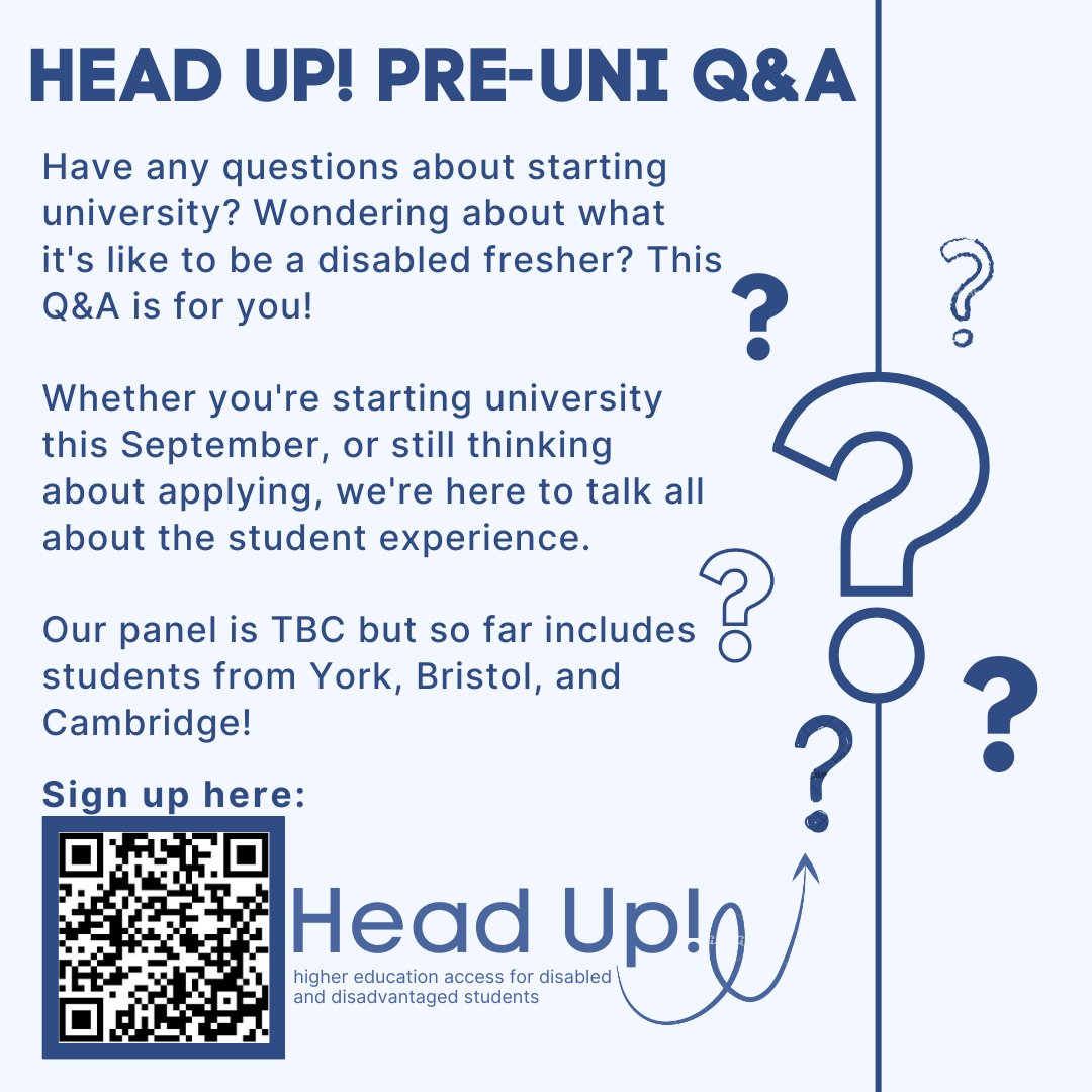 Off to uni? Congratulations! 🥳
Got questions? Come along to our annual pre-uni Q+A event for disabled students. Sunday 27th Aug 3pm on Zoom.
Sign up for the event link via the QR code or this link: forms.gle/hdEiY46P89Wm4q…
#OffToUni #DisabledStudents #University
