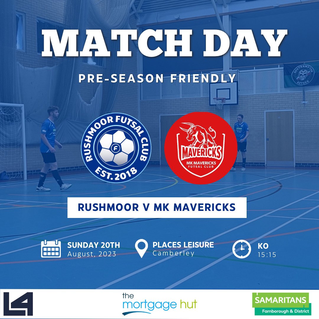 Our men’s team continue their pre-season journey this Sunday with a game against our friends from <a href="/MavericksFutsal/">MK Mavericks Futsal</a> at our new home venue in Camberley 

Free entry to come and watch ⚽️

🆚 <a href="/MavericksFutsal/">MK Mavericks Futsal</a> 
🗓️ Sunday 20th August
⏰ 3:15pm
🏟️ Places Leisure, Camberley