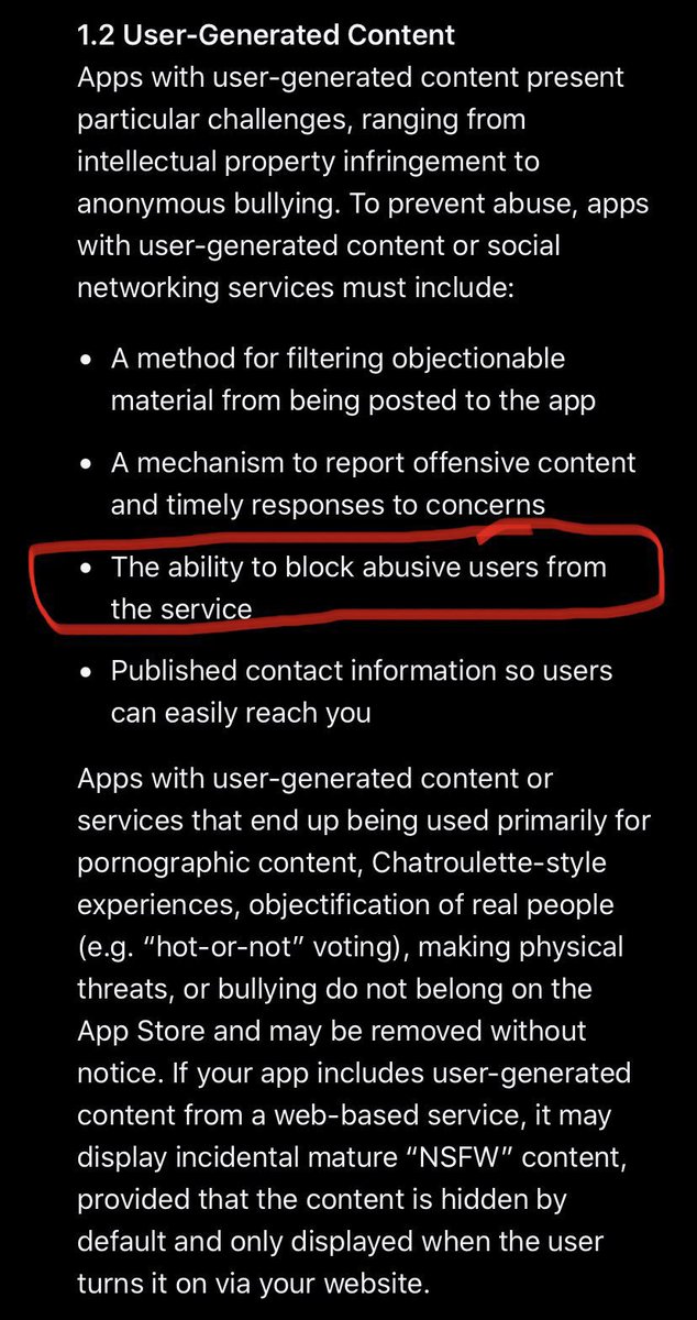 Musk’s decision to eliminate the block feature is in direct violation of App Store guidelines & will lead to X’s removal from the App Store, if implemented I predict Elon isn’t aware of this & will backtrack — saying he was “trolling” or “joking” — and his followers will buy it