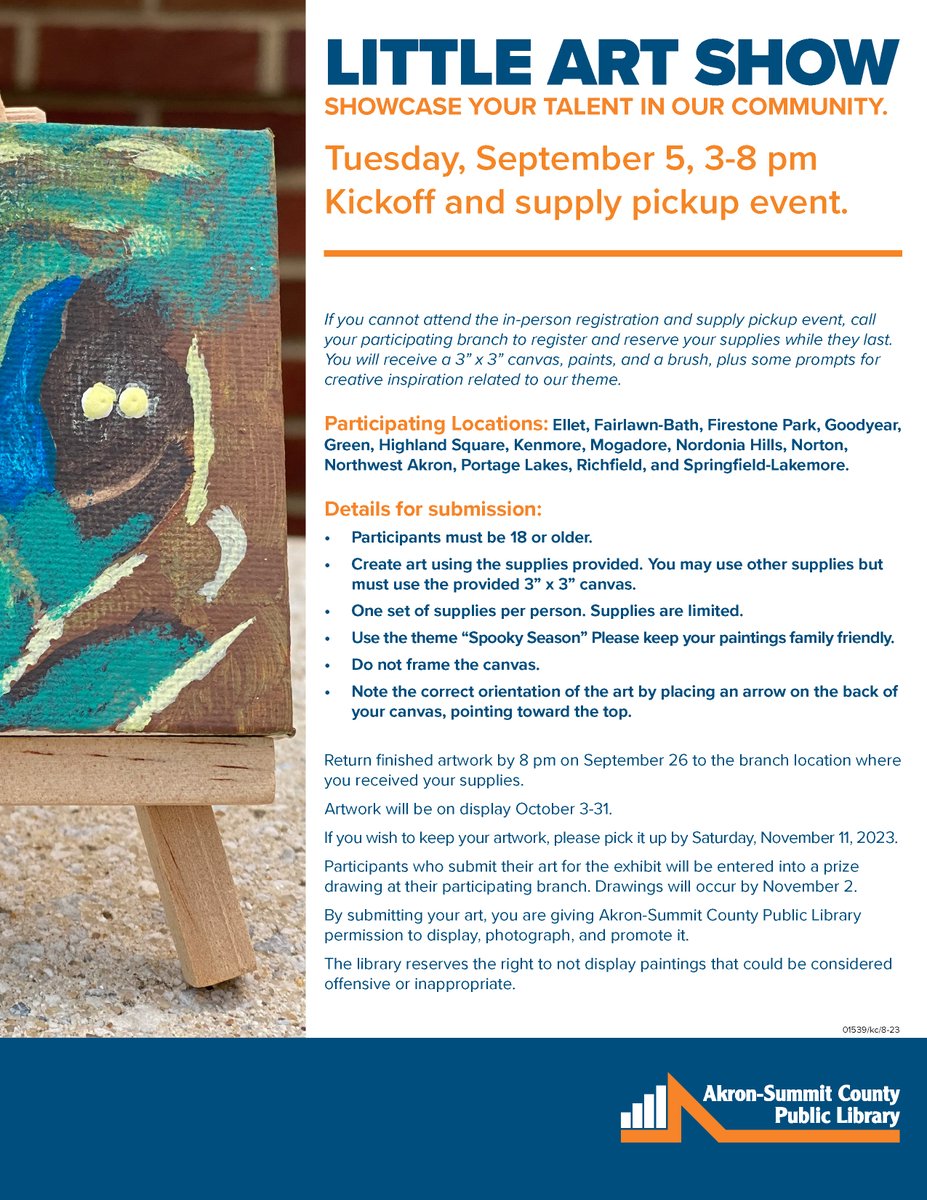Calling all adults! Participate in our Little Art Show and share your talent. Stop by select locations to register, discuss details, and pick up supplies in person on Sept. 5 from 3-8 pm while supplies last. 🖼️👩‍🎨