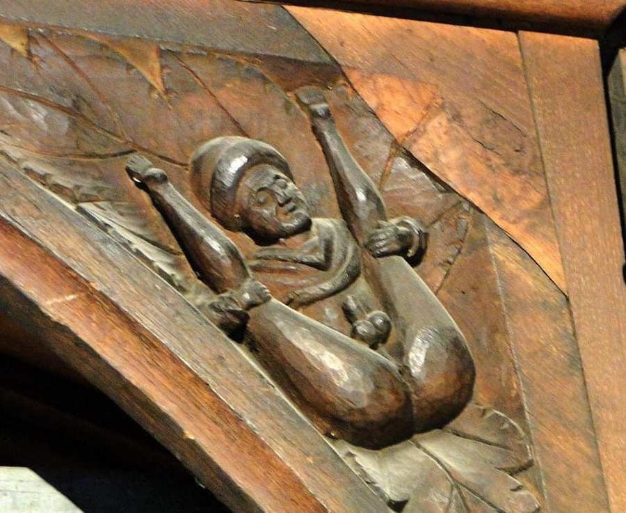 800 years ago at All Saints Church in Hereford, England, a skillful carpenter carved this gentleman high up in the dark roof where nobody could see him. Five years ago they built an extra floor with bright lights for a restaurant.