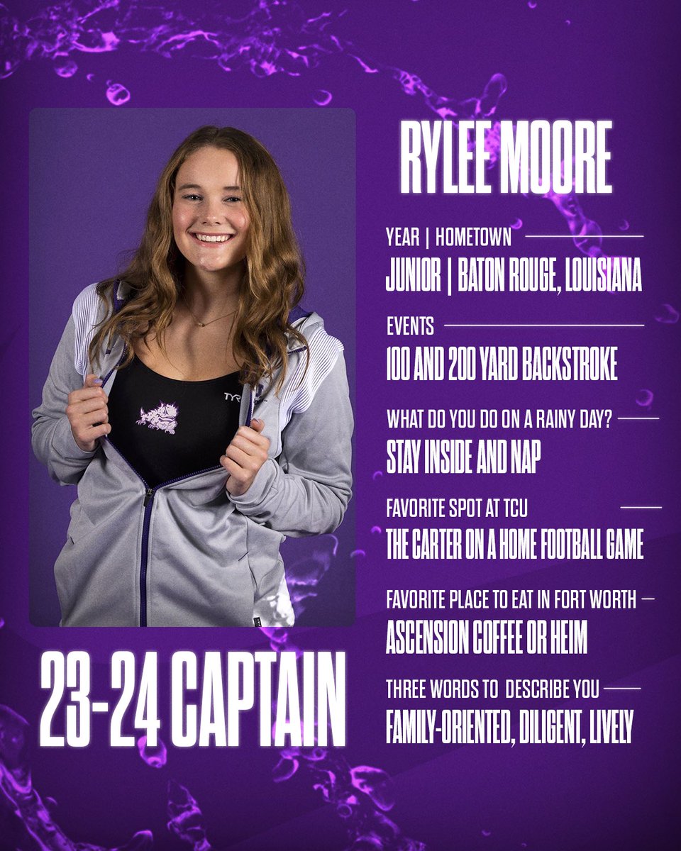 TCUswimdive's tweet photo. Get to know our 23-24 Captains: 𝙍𝙮𝙡𝙚𝙚 𝙈𝙤𝙤𝙧𝙚 🐸

#GoFrogs | #TrustProcessWorkFamily https://t.co/XR9flqGpyN