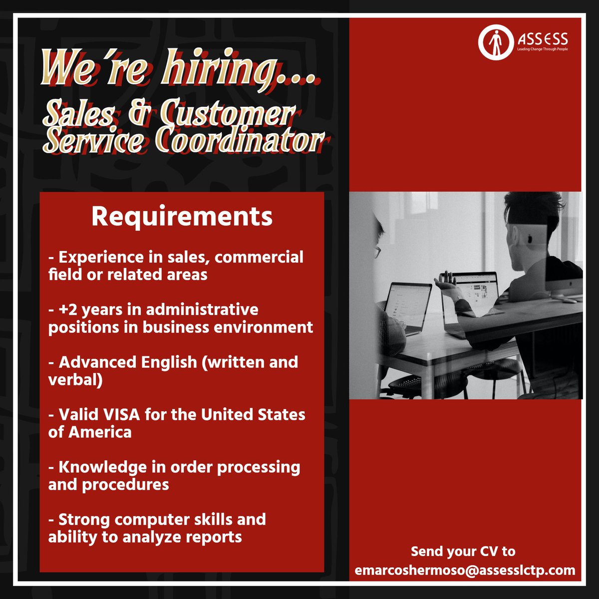 AssessCorp's tweet photo. Estamos en la búsqueda de un Sales &amp; Customer Service Coordinator. De interesarle esta posición por favor enviar su hoja de vida a emarcoshermoso@assesslctp.com https://t.co/398Qy3An9U