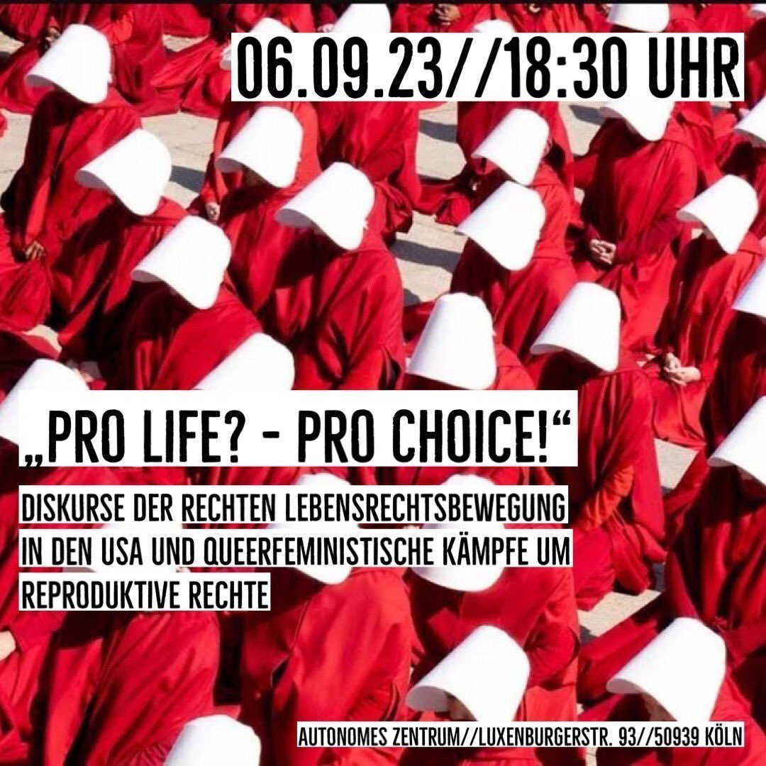Vortrag ‚Pro Life? Pro Choice!‘

Mittwoch, 6.09 18:30 Uhr #AZKöln in Vorbereitung gegen den Aufmarsch Rechter Anrifeminist*innen in #Köln am 16.09.

Gemeinsam jagen wir die Fundis aus der Stadt. Kommt rum zum #ConnAct|en. 

Details zum Vortrag siehe az-koeln.org/prolifeverhind…