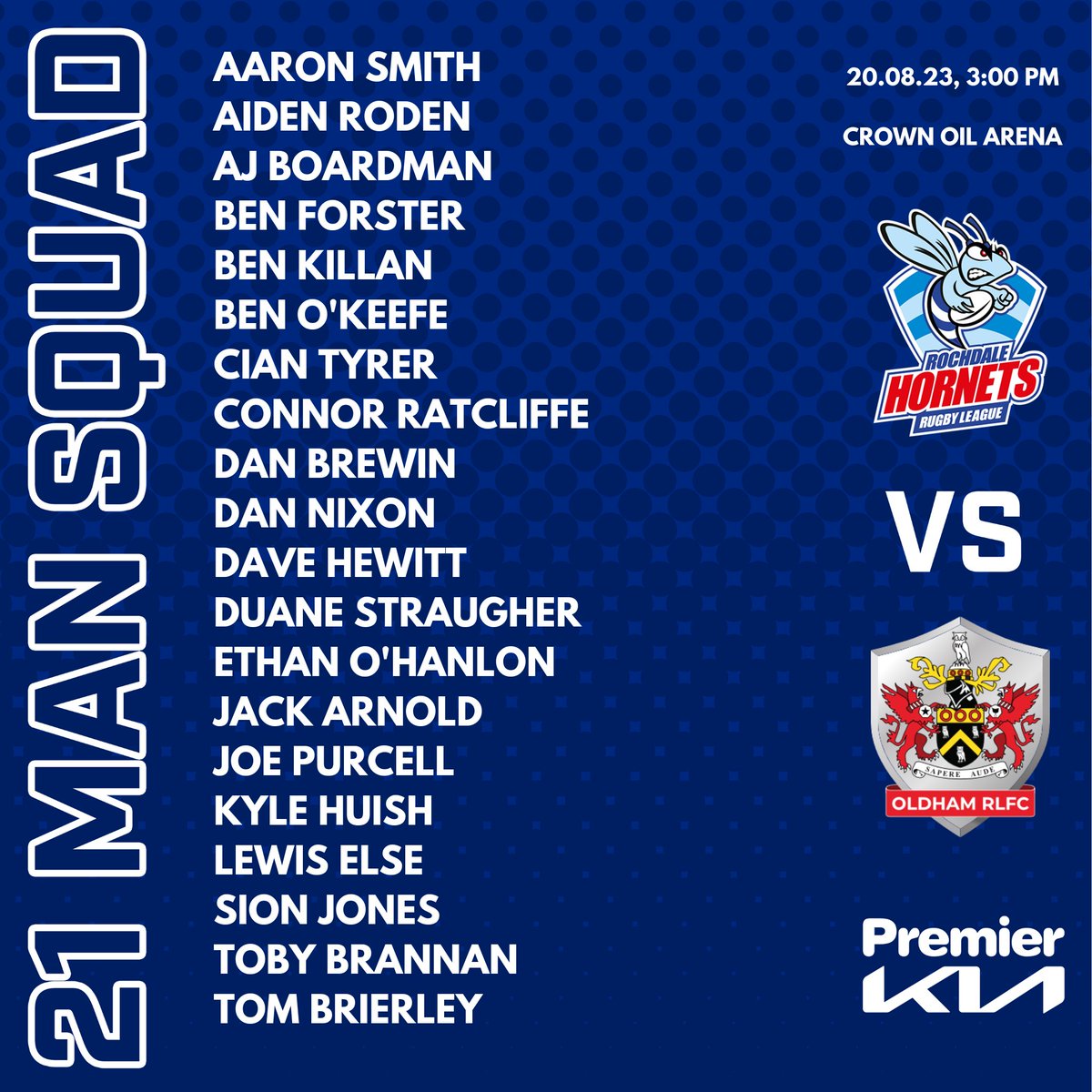 🔒OLDHAM (H) SQUAD

Head Coach Gary Thornton has named his initial 21-man squad ahead of Sunday's home derby clash against <a href="/Roughyeds/">Oldham RLFC</a> 

Tickets still on sale: hornetsrugbyleague.co.uk/tickets