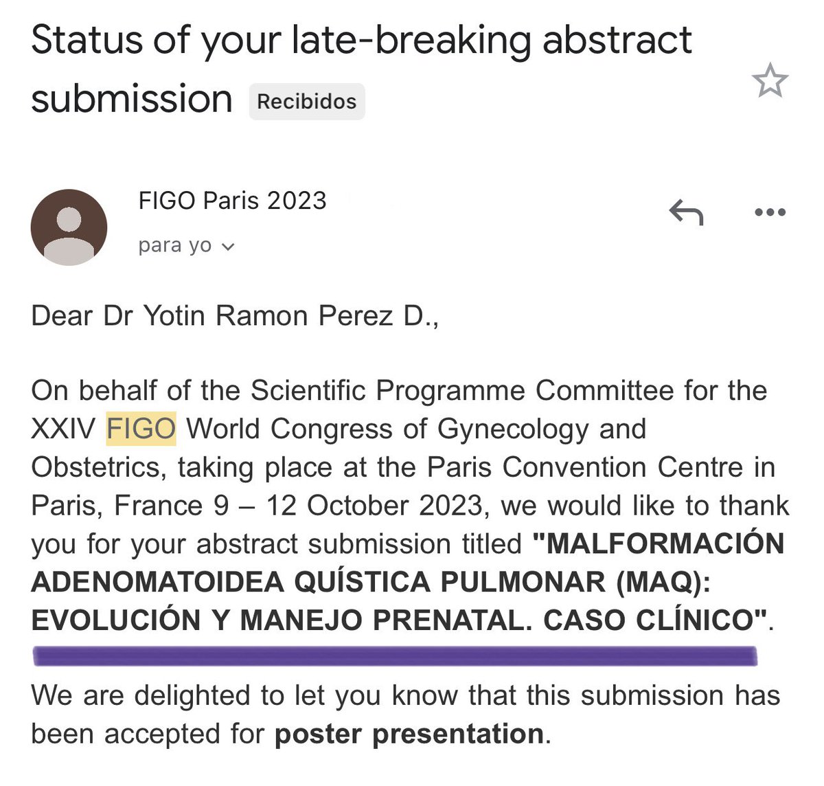 Vamos al congreso mundia FIGO 2023 en Paris, Francia. Tendremos el honor de representar nuestro país (RD) como conferencista en el mas alto escenario academico de la Obstetricia y la Ginecología mundial. Además presentaremos un póster académico de uno de nuestros casos. #Figo2023