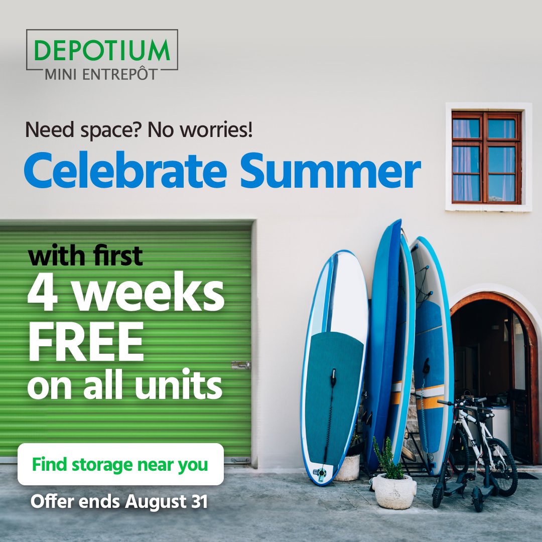 Besoin d’espace?🤔 Pas de souci!😎🏖 Obtenez les 4 premières semaines et obtenez les 4 premières semaines gratuites sur toute unité. 🕺🏼Trouver une succursale. L’offre se termine le 31 août! 
.
.
.
#magasinerlocalentreposerlocal #entreposagelocal #entreposage #canadien