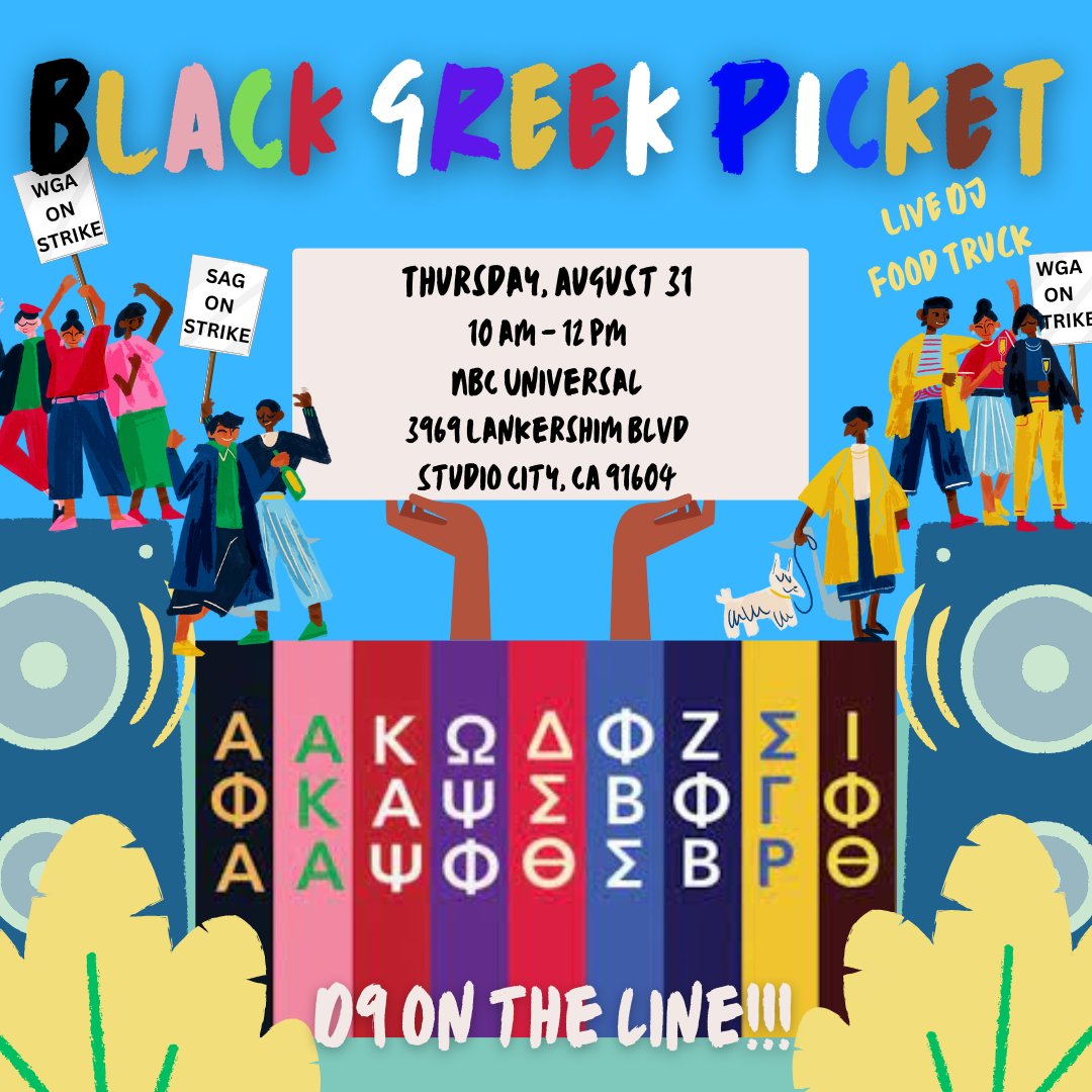 I’m finally co-hosting a themed picket☺️🩷💚 On Thursday, 8/31, all members and friends of the Divine 9 are invited to stroll on over to the NBCU Picket Line for the Black Greek Picket! We’ll have a DJ and a food truck. Wear your colors and rep your org as we step for fair wages!