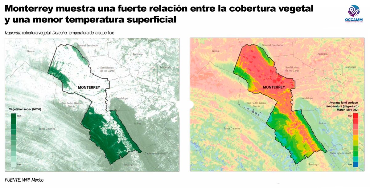 observatoriomty's tweet image. ¿Podemos enfriar nuestra metrópoli mientras el mundo se calienta? La respuesta es sí.

El Instituto de Recursos Mundiales (WRI México) encontró una fuerte relación entre la cobertura vegetal y las bajas temperaturas en la superficie del municipio de Monterrey.
🧵👇🏽