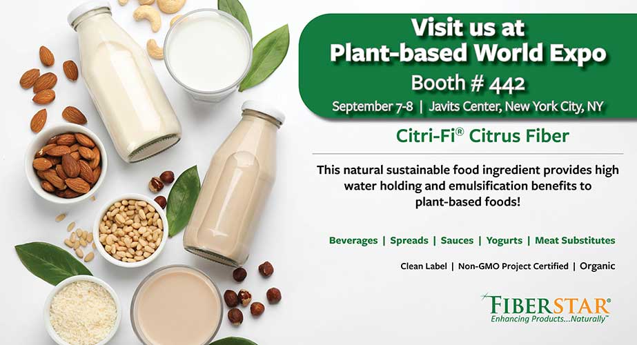 Visit us at Plant Based World Expo North America to learn how Citri-Fi® CITRUS FIBER can improve the quality of your dairy alternative and meat substitutes. #citrusfiber #plantbased #organic #cleanlabel #dairyalternatives #meatalternatives.