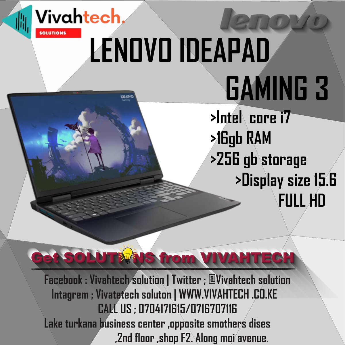 Vivahtech's tweet photo. What do you do for fun? Get this laptop and enjoy gaming as your hobby today! Lenovo IdeaPad Gaming 3 core i7 16GB/256Gb SSD+ 1TB HDD #trending #Kenya https://t.co/Uef8IxVMve