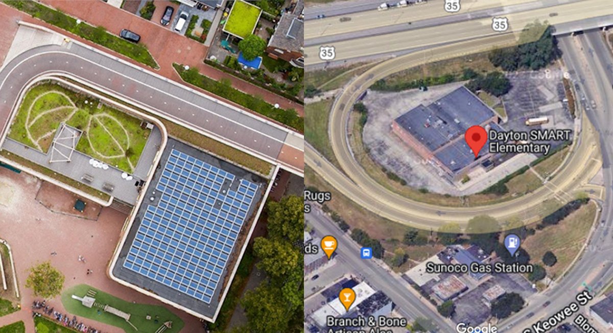 StrongTowns's tweet image. The Netherlands:                            United States:
elementary school                         elementary school 
with a bike path                               inside a highway
over its roof                                       on-ramp