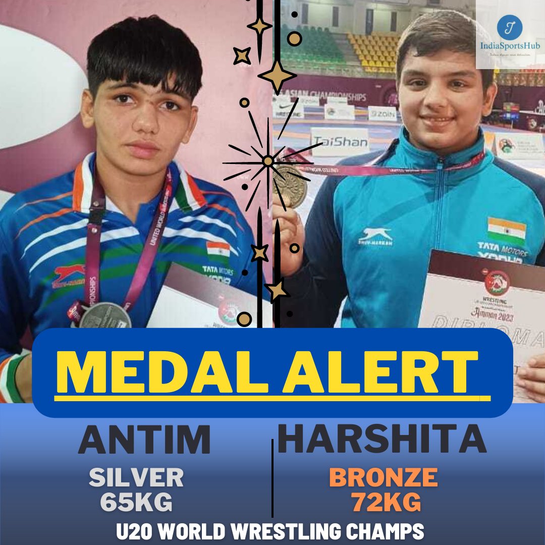INDIA WIN WOMEN WRESTLING TEAM CHAMPIONSHIP AT U20 WORLDS

For the First time in history of the U20 Worlds its India who won team championships 👏🏻 

*Medal Winners*

Gold Medal 🥇 

53 | Antim
62 | Savita
76 | Priya

Silver Medal 🥈 
65| Antim Kundu

Bronze Medal
57 | Reena
68 |