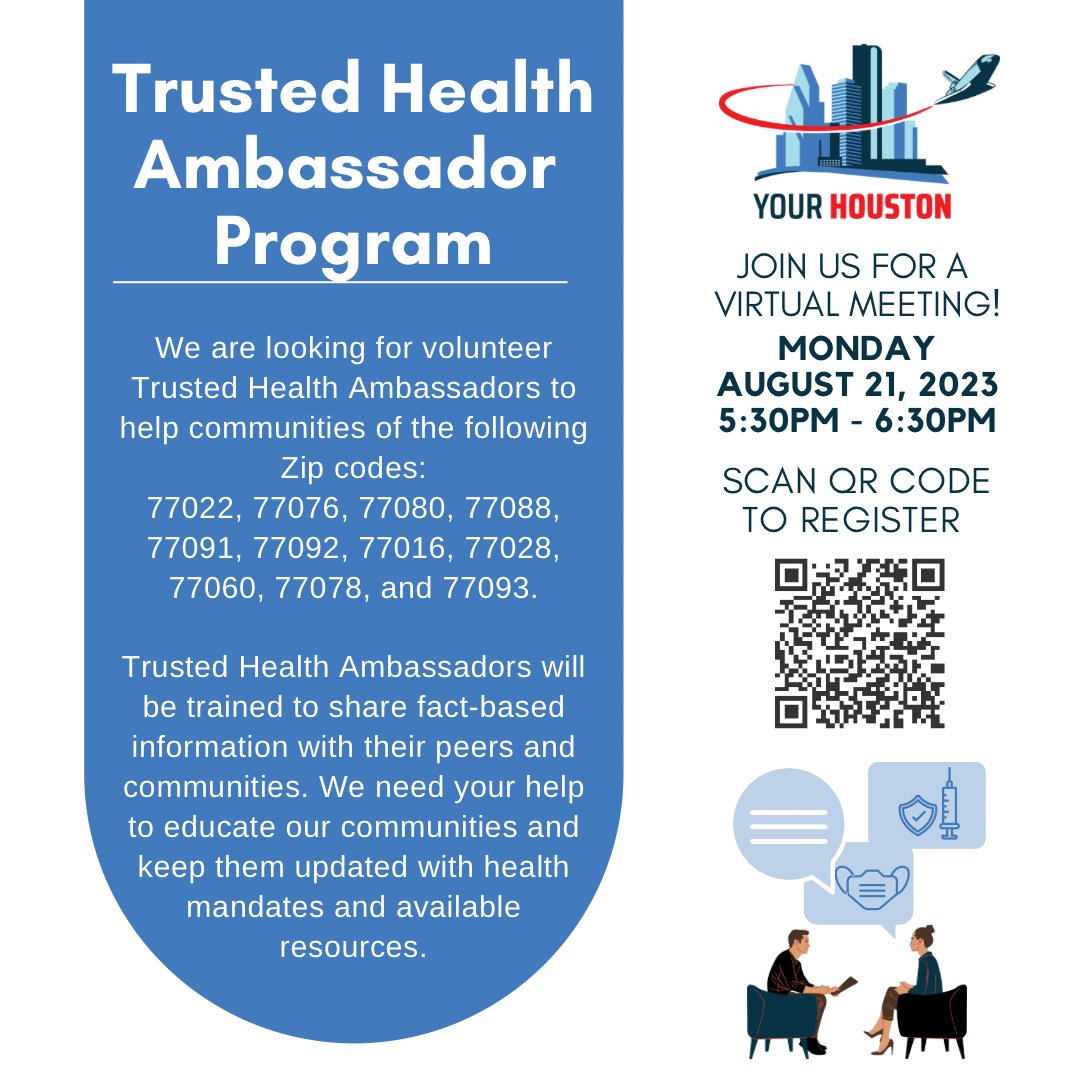 YourHoustonPAC's tweet photo. Join our Trusted Health Ambassador Program!⚕️
We are looking for trusted members of the community to be leaders and volunteer to be influencers in their community.
#YourHouston #Houston #HoustonHealth #THAP #TrustedHealthAmbassador https://t.co/gttEr9XXyL