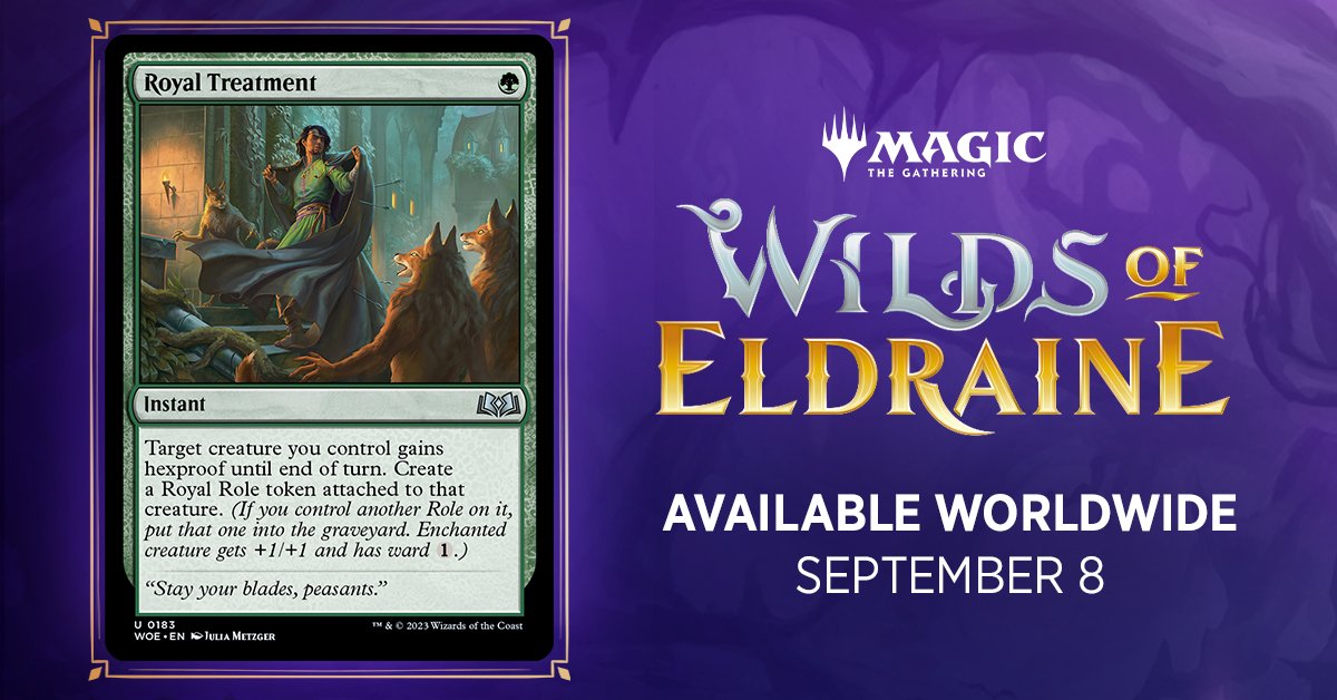 wizards_magic's tweet image. 🤴 "Stay your blades, peasants." 🤩

We've got an #MTGEldraine preview for you — and not only does it feature the new (Royal) Role mechanic, but it's a one-mana, Green Hexproof granter at Instant-speed!

Venture further into the Wilds! magic.wizards.com/en/products/wi…
