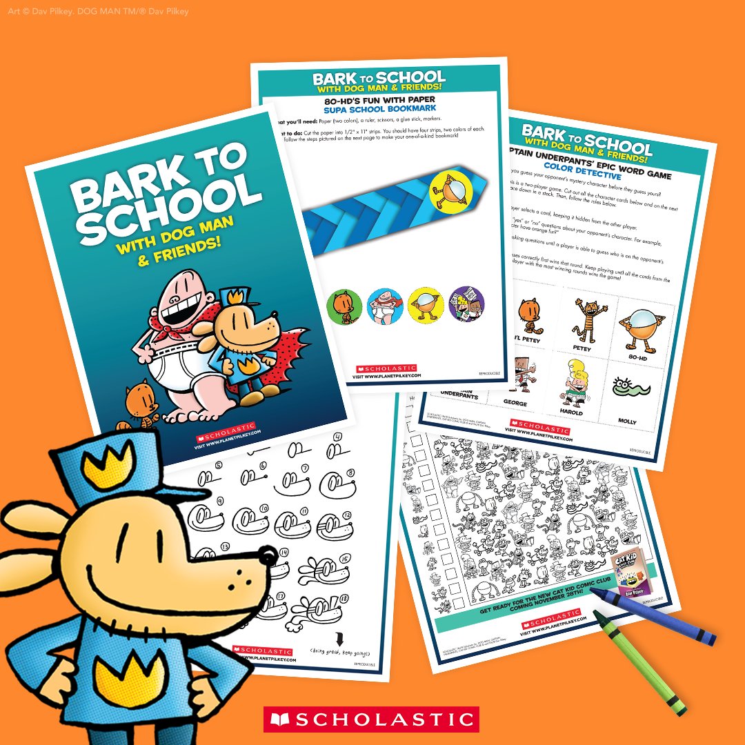 Scholastic's tweet image. Going #BarkToSchool is super fun with our FREE activity pack featuring Dav Pilkey’s Dog Man &amp;amp; his friends! Download and print yours now: bit.ly/45fBPTN