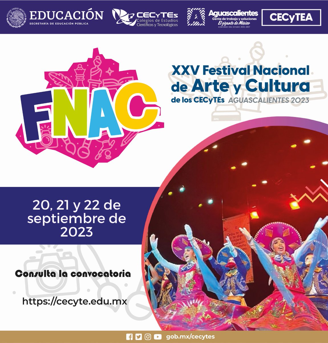 ccecyte's tweet photo. ¡Estás listo! ¡Prepárate! 
XXV Festival Nacional de Arte y Cultura de los CECyTEs 2023.
👉🏻Colegio sede: CECyTE Aguascalientes  
⏰ Del 20 al 22 de septiembre  

Consulta la convocatoria 
👉🏻https://t.co/dtDZVk2pKl https://t.co/NcyiRu5TY4