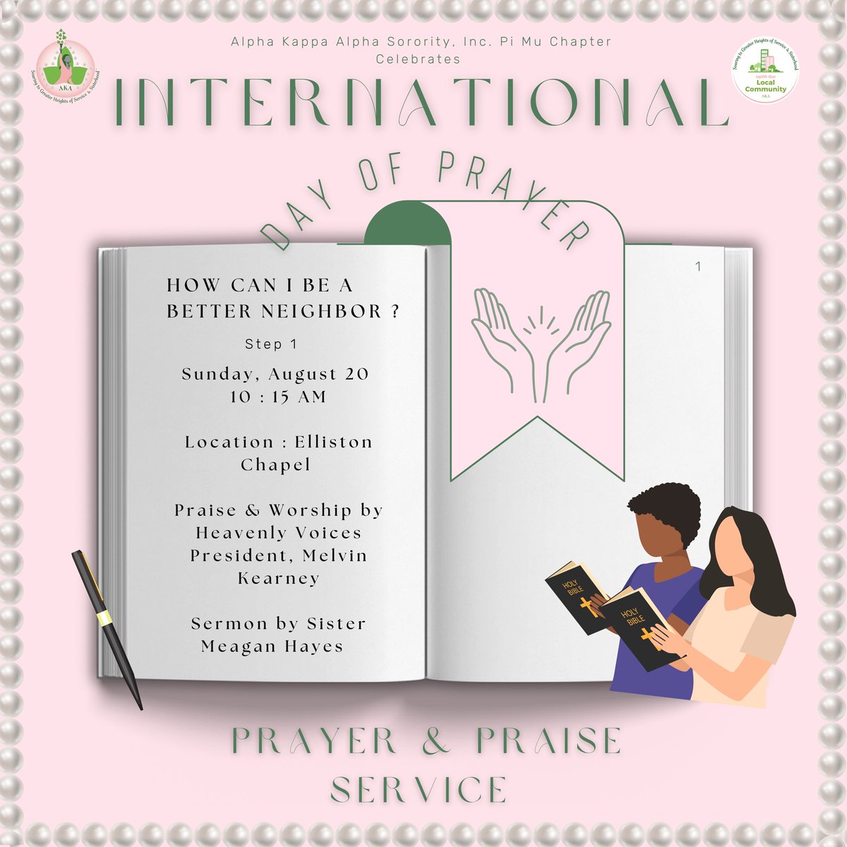 We cordially invite you to celebrate the International Day of Prayer with us on Sunday, August 20, 2023. We hope to see you there for an inspirational sermon by our sister Meagan Hayes and uplifting praise by <a href="/HVgospelchoir/">Heavenly Voices</a> President, Melvin Kearney !