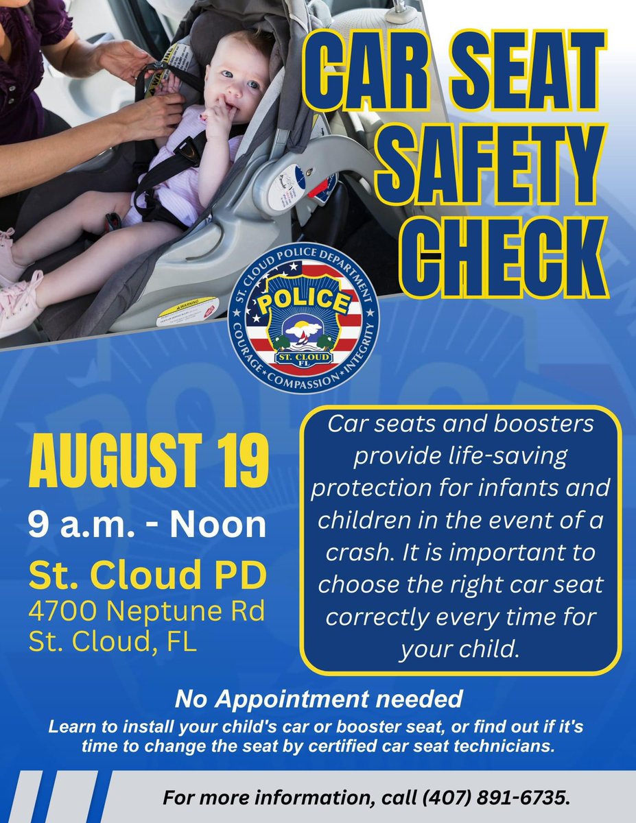 StCloudPD's tweet photo. Installing a seat for the first time? Want to know if it’s time for your little one to move up to the next seat? Be sure to stop by our absolutely free Car Seat Safety Check tomorrow! https://t.co/bg3KnKKnkt