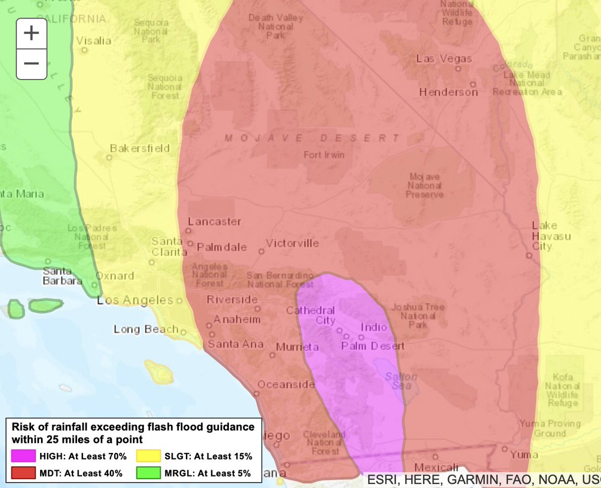 MyRadarWX's tweet photo. A rare Day 3 High Risk for flash flooding (shaded in pink) has been issued from Sunday morning to Monday morning for over 600,000 people due to severe, widespread, and destructive flash flooding.

Many desert locations, including the Coachella Valley, could see 1-2 years' worth of rain in under 72 hours, the majority of which could fall in just a few hours' timespan.

If the extreme rainfall totals of 3-10 inches verify, major infrastructure loss, including washouts of roadways and bridges, will be possible.

Numerous flash flooding events will also be likely across areas shaded in red, including San Diego, Inland Empire, Orange County, and Las Vegas.

A further expansion of the high-risk zone (shaded in pink) is also possible, especially across SE CA deserts as we draw closer to the event. 

#HurricaneHilary