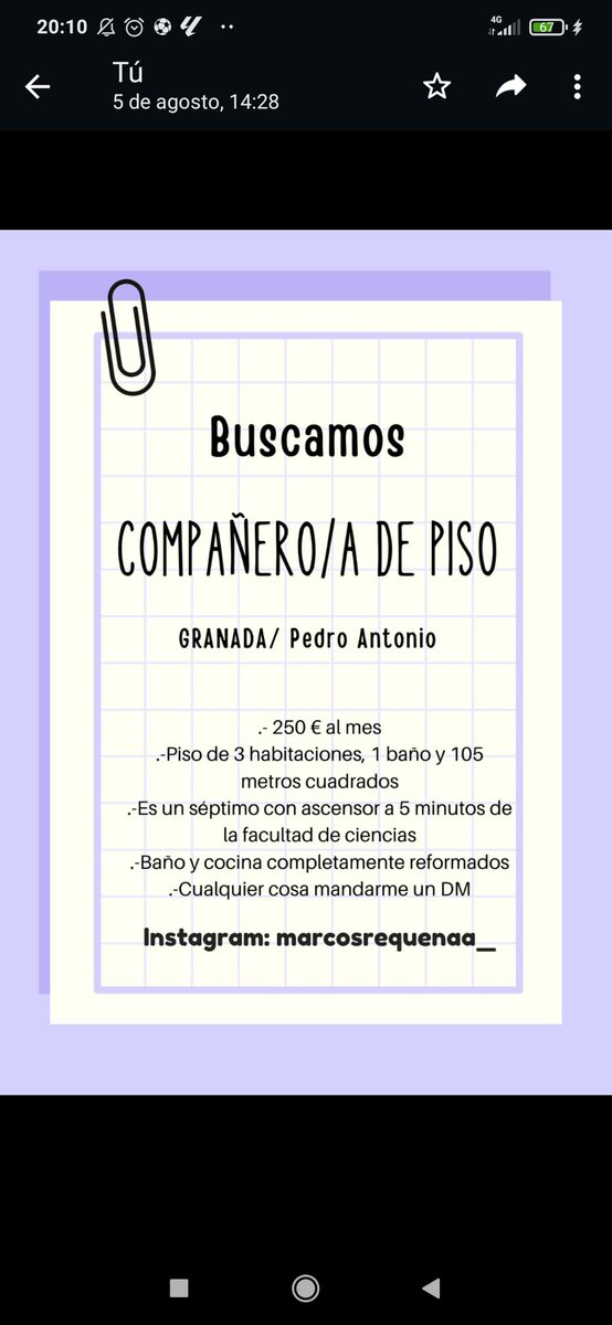 marcosrequenaa_'s tweet photo. Buscamos compañeros de piso en Granada para el año escolar 23-24, (piso por de pedro antonio).  Somos un estudiante de Física y otro de Física-Matemáticas. Somos del último año de carrera.@marcosrequenaa_
#cotilleos_UGR_ #ugr #pisogranada 
#pisoestudiantes #Queydondeestudiar2023 https://t.co/L1gzP2JWBN
