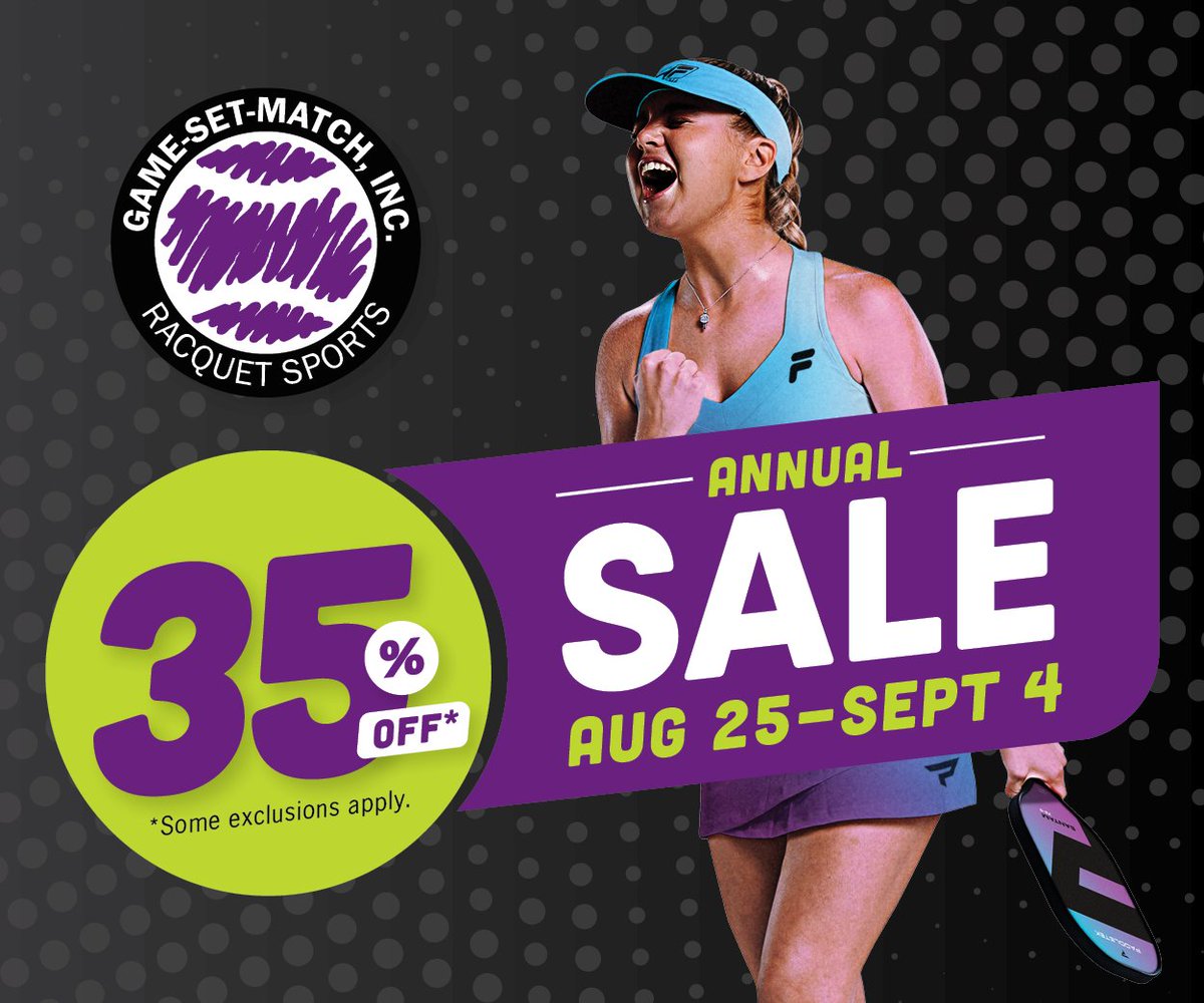 Save the date for the biggest #tennis and #pickleball sale of the year! Take 35% OFF* from August 25 - September 4. Shop our four stores in #Boulder #Denver Centennial and #LasVegas 

*Visit website for details: gamesetmatchinc.com/annual-sale