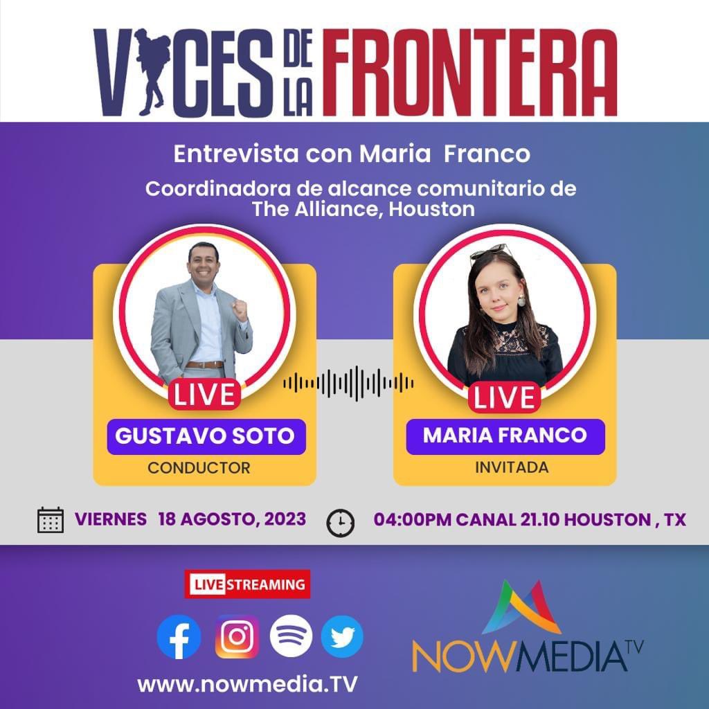 🎙️ Tune in today at 4 p.m. on Canal 21.10 Houston, TX, for an enlightening interview you won't want to miss! Maria Franco, MBA Community Outreach Coordinator, will join" Voces de La Fronteras" to shed light on The Alliance and its incredible array of impactful programs. 🌟