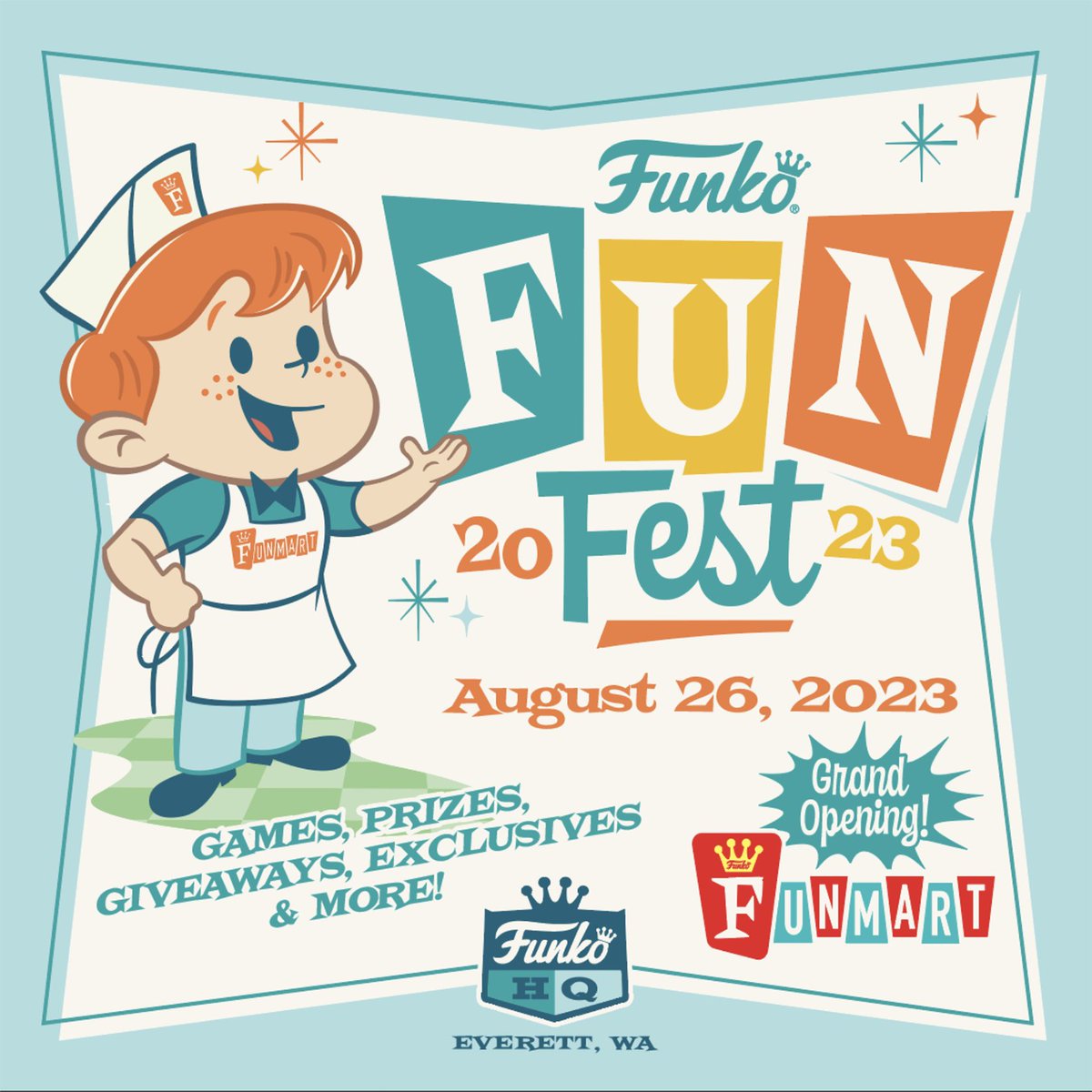 OriginalFunko's tweet photo. Pop in for a party! We’re just about one week away from Fun Fest and the grand opening of Funmart. Join us at our Everett store, August 26th for a block-party celebration. #FunFest2023 #Funmart #FunkoPop https://t.co/vXddtUunid