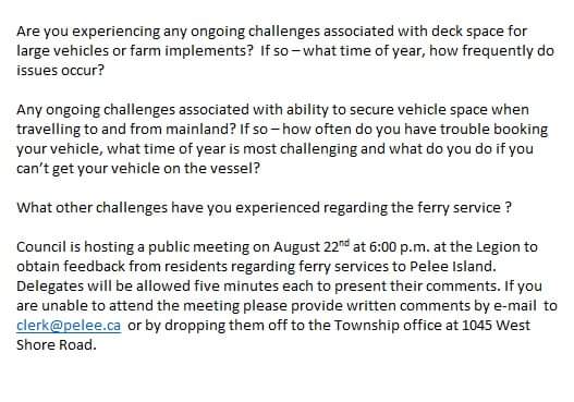 cathmiller01's tweet photo. Public meeting to hear from 🫵 on matters associated with transportation to and from Pelee Island. See below and make plans to have your say 👇

#peleeisland #ferrytravel https://t.co/56uoDNHBMD