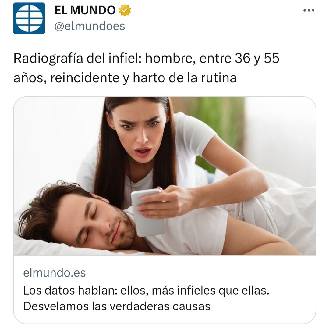 La misma imagen, si él mirase el móvil de ella sin permiso, podría ser ilustrativa de "violencia de género".
Como lo hace ella, ilustra que "el infiel es hombre". 🙄