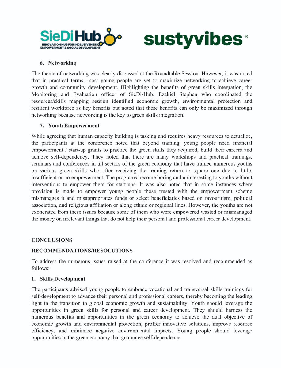 Hurray! 
Read the communiqué issued at the end of the Youth Roundtable Discussion held on August 12, 2023 by @siedihub  in partnership with @SustyVibes 

#youthday2023 #youthdevelopment #greenskills #Greenskillsforyouth #resolution #COMMUNIQUE