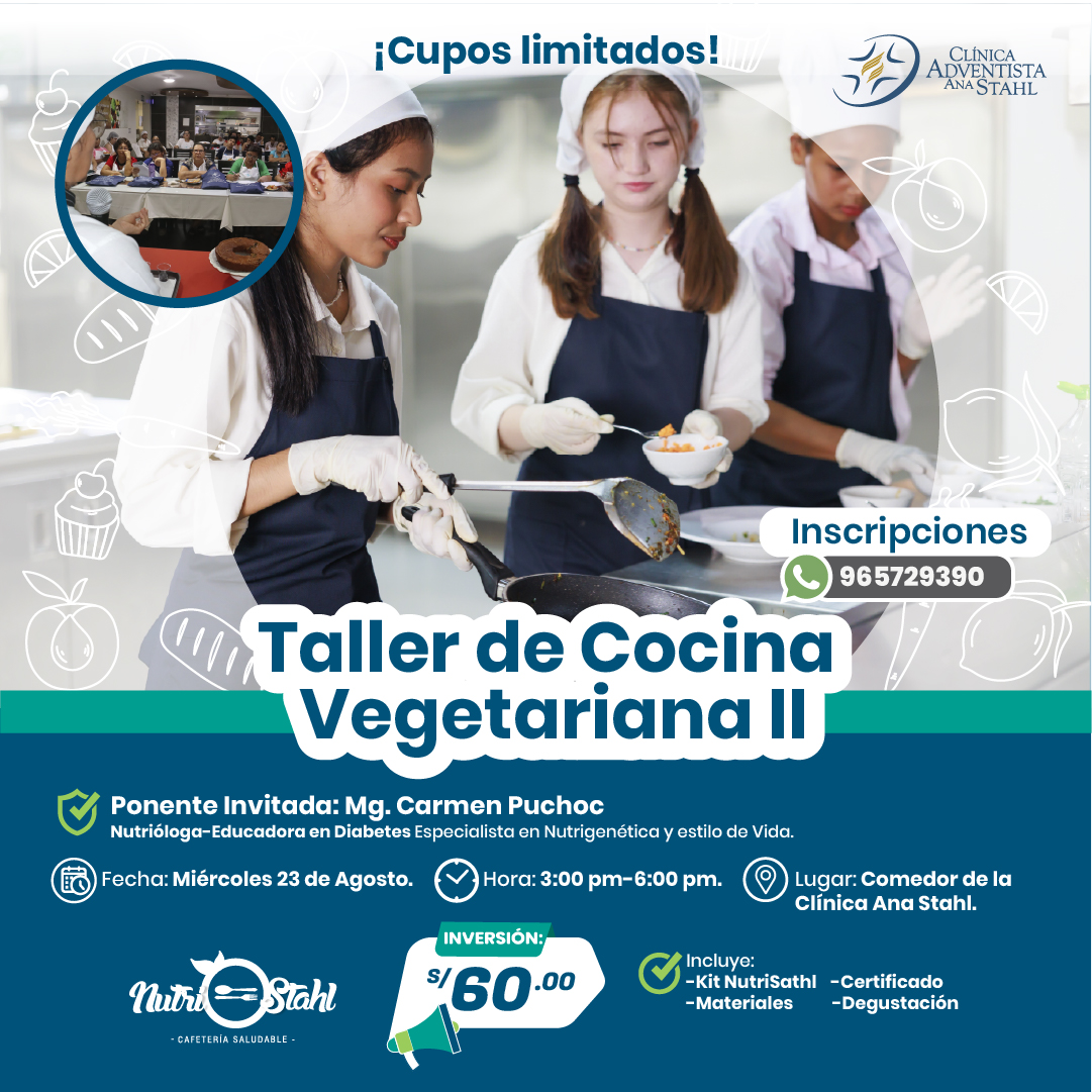 #NutriStahl | ¡Taller de cocina vegetariana II! La Clínica Adventista Ana Stahl te invita a ser parte por segunda vez de esta experiencia en la cocina de manera saludable. No te pierdas esta oportunidad, te esperamos en nuestras instalaciones este 23 de agosto. 
#CAAS #iquitos