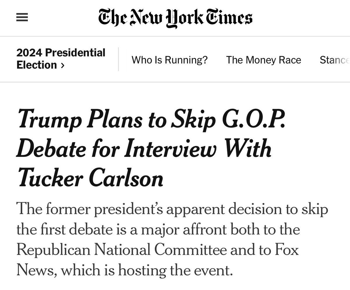TEAM_USA__'s tweet photo. BREAKING: Donald Trump plans to skip GOP debate on FOX and do an interview with Tucker Carlson instead.

I'll be choosing to watch Trump and Tucker. Anyone else? https://t.co/9LQaT9pWLc