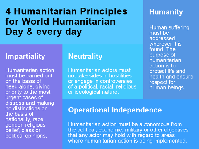UN's tweet photo. 🔹 Humanity
🔹 Neutrality
🔹 Impartiality
🔹 Independence

4 humanitarian principles for Saturday's #WorldHumanitarianDay &amp; every day. https://t.co/LMeAW2x9dN https://t.co/7xQT3AV9XO