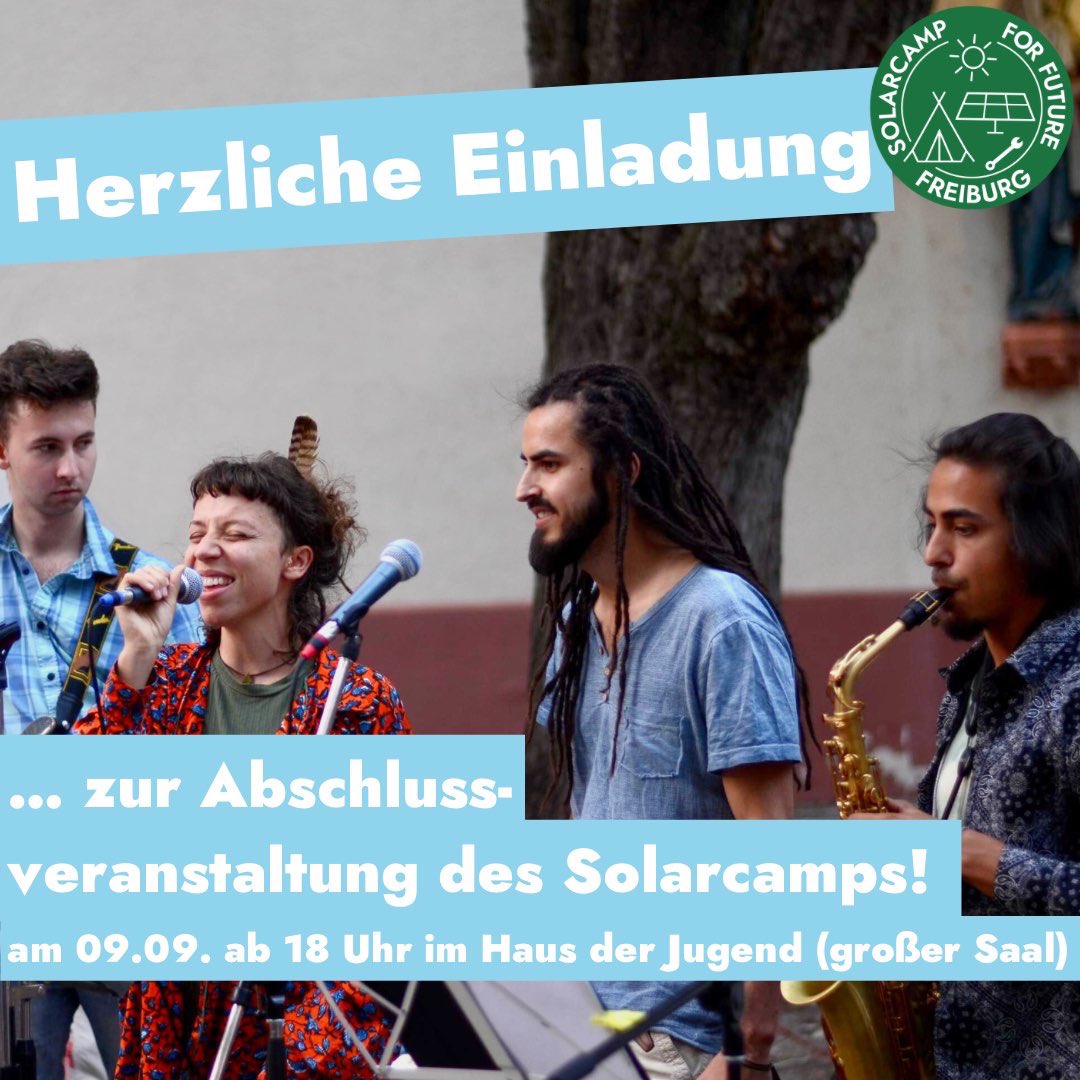Wir laden herzlich zur Abschlussveranstaltung des Solarcamps Freiburg ein!💚An diesem Abend möchten wir sowohl auf die vergangenen drei Wochen zurückblicken und den während der Ausbildungswochen entstandenen Film zeigen. Es soll aber auch darum gehen, wie es weitergehen kann…