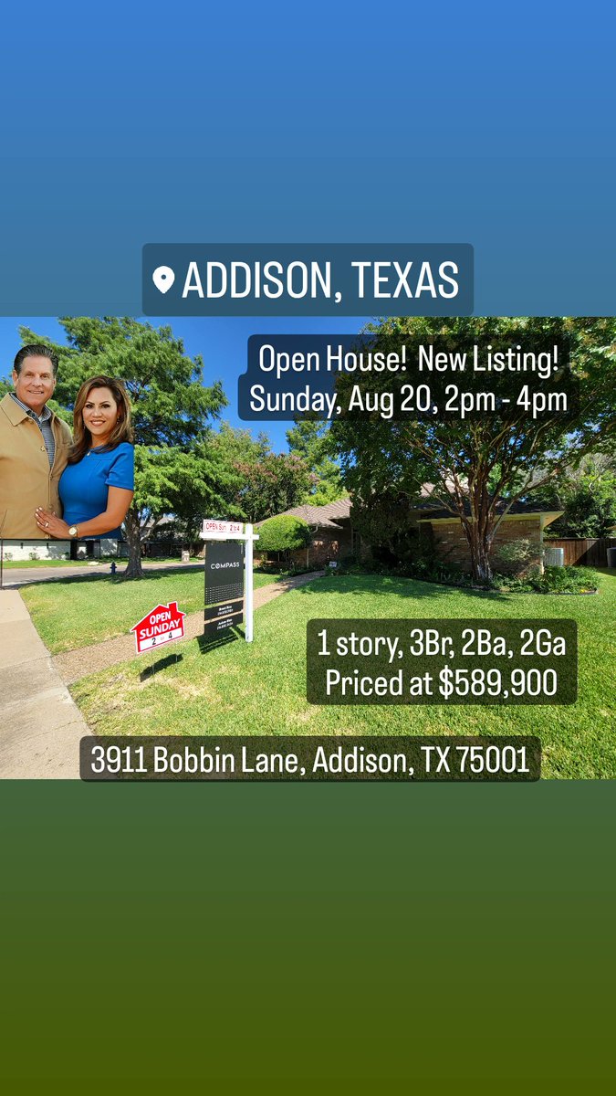 RiceGroupInc's tweet image. Come see us this Sunday, Aug 20
2pm-4pm

📍 3911 Bobbin Lane, Addison, Tx 75001

1 story, 3BR, 2BA, 2GA
2219sf, Large Corner Lot
#OpenHouse
#AddisonTX 
#HomesForSale
#NewListing