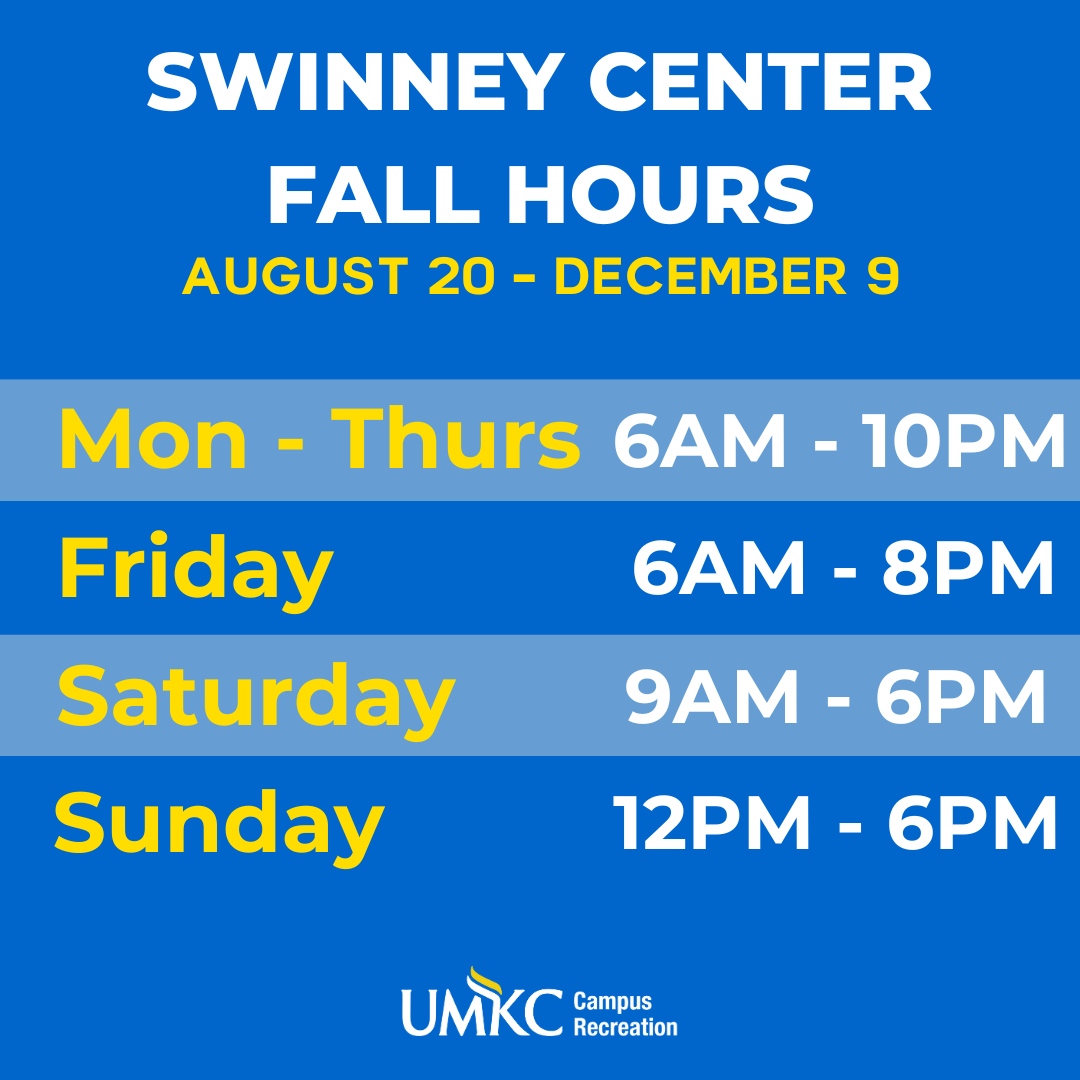 UMKCRec's tweet image. Excited to see all Roos, new and returning, at the Swinney Center this fall! Check out our hours and see you soon 💙