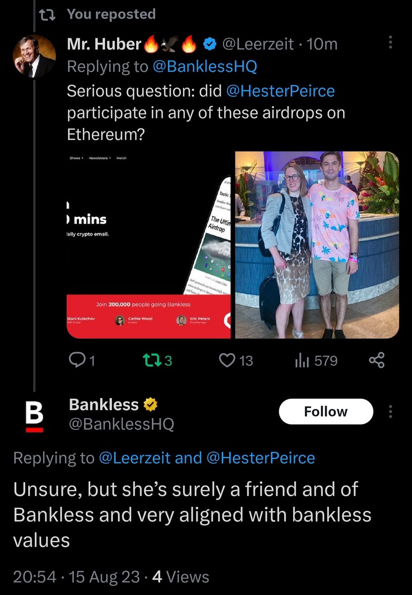 <a href="/HesterPeirce/">Hester Peirce</a> Did you participate in Ethereum airdrops from <a href="/bankless/"></a> for giving favourable regulatory treatment for Ethereum? Did you take bribes like other SEC officials? Why did the SEC never file for a lawsuit against ConsenSys? The company who issued the most tokens in crypto history?